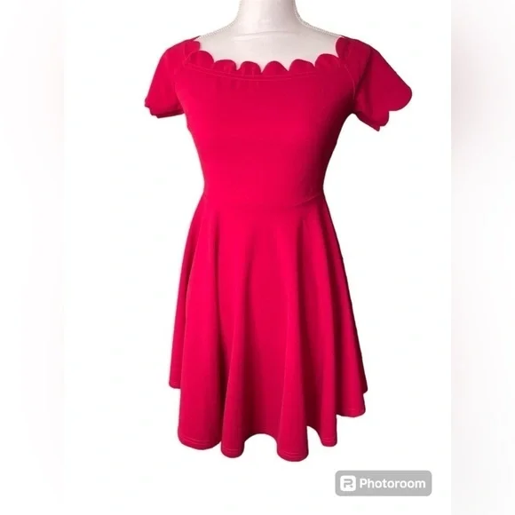 SHEIN EUC XS Burgandy/Red Scallop Short Off Shoulder Dress - Picture 2 of 14